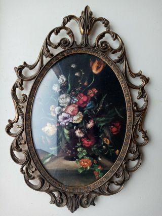 Vintage Brass Metal Oval Picture Frame Glass Floral 10 1/4 " X 7 " Made In Italy