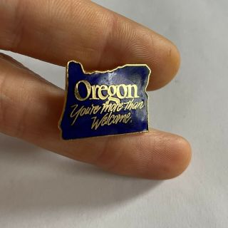 Oregon You’re More Than Welcome Enamel Pin Button Pinback State Outline Vintage
