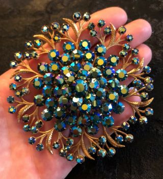 Huge Vintage Juliana? Aurora Borealis Rhinestone Flower Brooch Pin