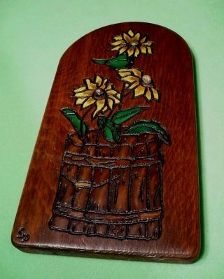 Wood Carved Hand Painted Folk Art Sunflowers In A Bucket.  Polished Stone Vintage