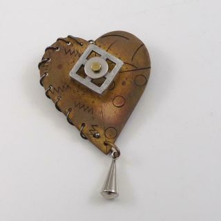 Vintage Thomas Mann Sterling Silver Bronze Heart Modernist Dangle Pin Lfj4