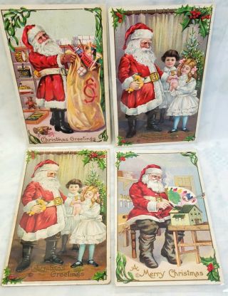 4 Vintage Christmas Postcards Santa Claus Little Girls With Dolls Dollhouse