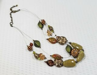 Vintage Brass and Olive Green Bead Multi Strand Illusion Choker Necklace 2