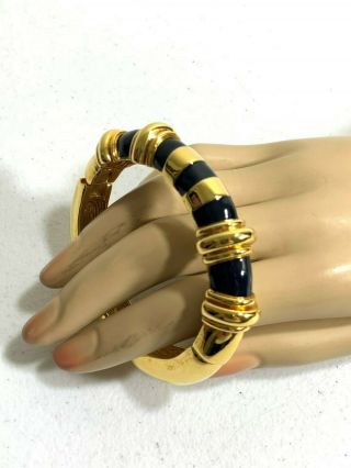 Vintage St.  John Black Enamel Gold Tone Hinged Bangle Bracelet Sinned
