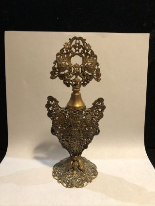 Vintage Vanity Perfume Bottle Ormolu Filigree Brass Metal & Glass Vial W Dauber