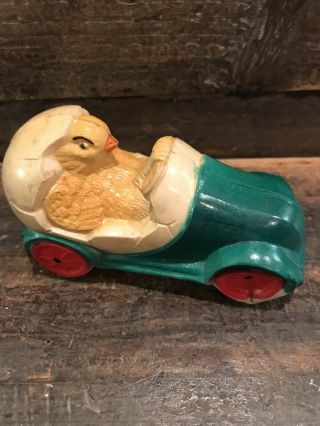 Vintage Celluloid Easter Rattle Toy Chick In Egg Roadster Decoration Spring