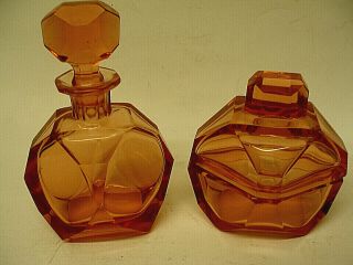 Vintage Art Deco Vanity Set By Consolidated Glass Perfume Bottle & Trinket Box