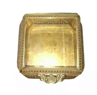 Vintage Ormolu Box Trinket Footed Filigree Beveled Glass Lid Metal Gold Jewelry