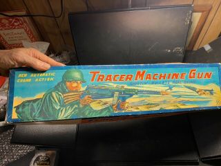 Vintage Tracer Machine Gun Toy 1950s Bullts 20 " Tin Litho By Ss Lei Japan W/box
