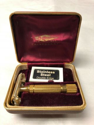 Vintage Razor Gillette Aristocrat Gold Tone With Case And 5 Blade