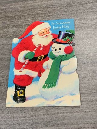 Vintage Greeting Card Christmas Santa Claus Snowman Norcross Candy Cane