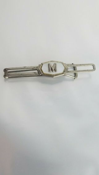 Vtg Monogrammed M Tie Clip Clasp Tack Bar Silver Tone Metal And Pearl Tone Stone