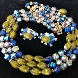 Vtg Sign Hobe Ab Blue Clear Glass Green Multi Strand Bead Necklace Earrings Set