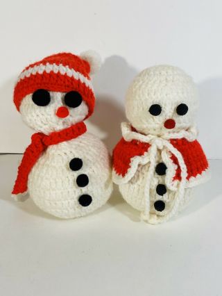 Vintage Crocheted Mr And Mrs Snowman Set Handmade Homemade Kitsch Holiday