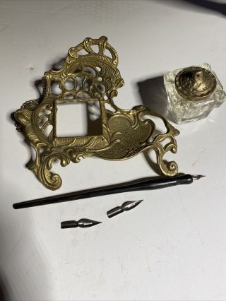 Vintage Brass Inkwell W/t Wooden Pen,  2 Tips