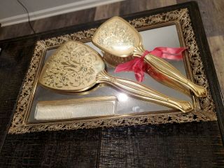 Vintage 4 Piece Vanity Set Brush Comb Hand Mirror Dresser Top Set Gold Floral