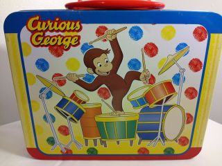 Vintage Curious George Metal Lunch Box Playing Drums Unique Puzzle Inside