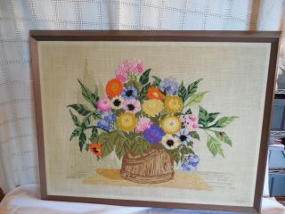 Vintage Needlepoint Completed,  Finish Work Flowers In A Bucket 1970 