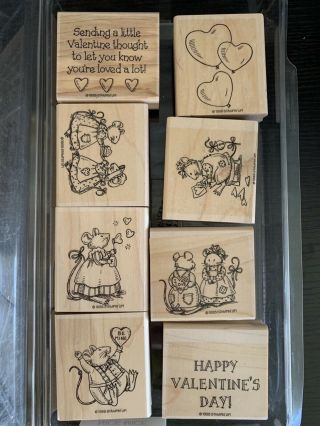Set Of 8 Vintage Stampin Up Mice Wood Mount Rubber Stamps Friends Love