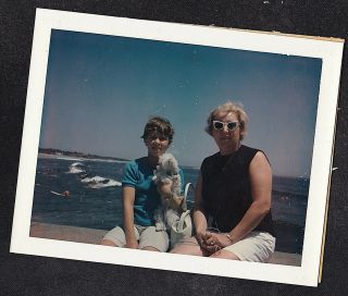 Vintage Polaroid Photograph Mom & Young Girl W/ Puppy Dog By Water - Cape Cod
