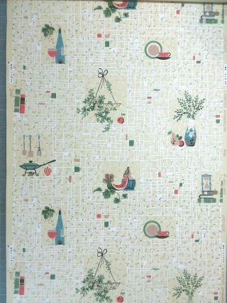 1950 ' s Vintage Wallpaper Mid - Century Kitchen Hatch Pattern One Roll Pale Yellow 2