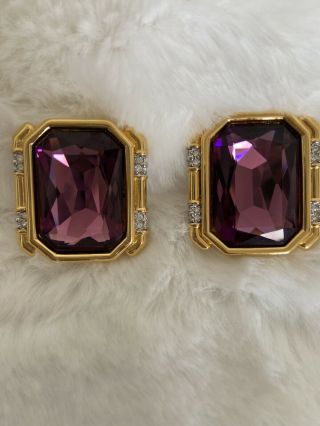 Vintage Large Clip Earrings Purple & Clear Swarovski Crystals