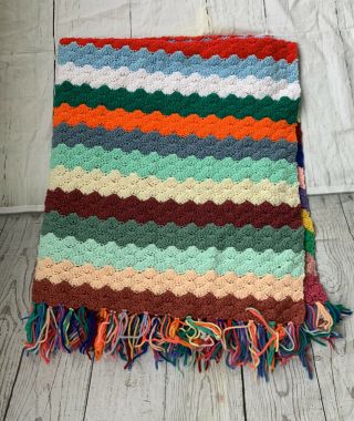 Vintage 70s Crochet Knit Afghan Boho Throw Blanket Multi Color Rainbow 42” X 50