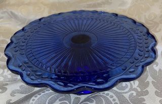 Vintage Cobalt Blue Depression Glass Cake Stand Pedestal Plate Vine Leaf 9 3/4”