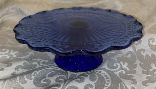 Vintage Cobalt Blue Depression Glass Cake Stand Pedestal Plate Vine Leaf 9 3/4” 2