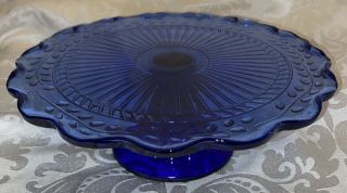 Vintage Cobalt Blue Depression Glass Cake Stand Pedestal Plate Vine Leaf 9 3/4” 3