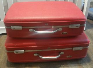 Vintage American Tourister Red Tiara Luggage Set With Cream Interior
