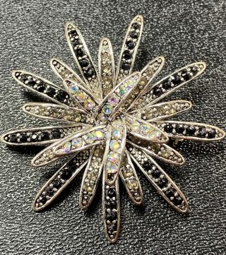 Vintage Brooch Pin 2” Flower Burst Paved Black & Crystal Rhinestones Lot2