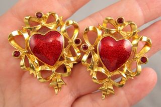 Vintage Avon Gold Tone Red Enamel Hearts Rhinestones Post Earrings 21m