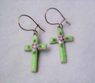Vintage Cross Earrings Guilloche Enamel - Sterling Silver Wire - Green/pink Flower
