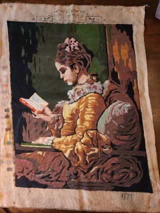 Vintage Needlepoint " A Young Girl Reading " Canvas Completed ❤ Huge 20 " X 26 "