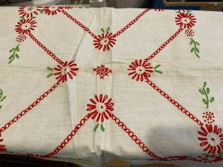 One Vintage Hand Embroidered Cotton Quilt Block 18 X 18 " Red Flowers Fairway