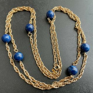 Signed Sarah Cov Vintage Lapis Blue Lucite Bead Gold Tone Necklace 887
