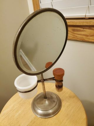 Vtg Acme Shaving Stand Tilt Mirror /brush / Milk Glass Cup