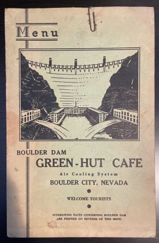 Vintage Cafe Menu The Green - Hut Cafe Boulder Dam Boulder City,  Nevada 1930s