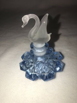 Vintage Blue Glass Vanity Perfume Bottle W/ Frosted Swan Glass Stopper