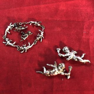 Sterling Silver Cherub Angels Pin Bracelet Earring Set Vtg 1940 - 50s Marked 48 Gr
