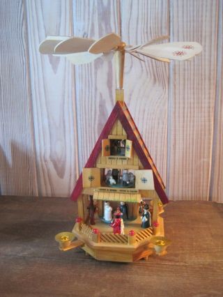 Vintage 3 Tier Wooden Christmas Nativity Manger Carousel Candle Windmill