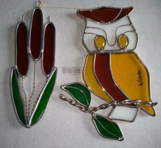 Vintage Stained Glass / Suncatcher Owl And Cattail Set