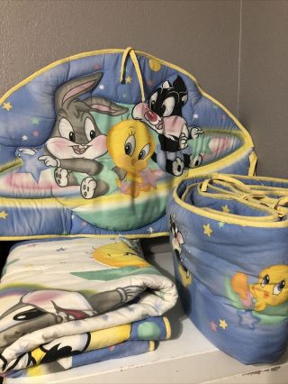 Vintage Baby Looney Tunes Crib Set Comforter.  Bumper.  Headboard.
