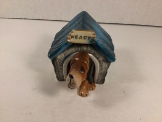 Vintage Weary Sad Dog Doghouse Anthropomorphic Hound Salt & Pepper Shakers Rare