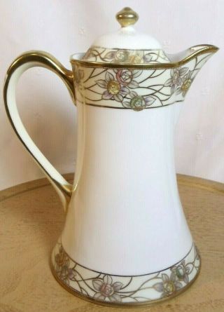 Vintage - Morimura Nippon Hand Painted Beaded Gold Gilt Floral Chocolate Pot 2