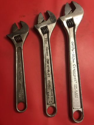 Set Of 3 Vintage Crescent Crestoloy Adjustable Wrenches 8” 10” 12” Jamestown Ny