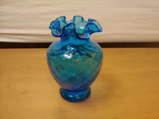 Vintage Aqua Blue Glass Vase Ruffle Top 6 1/2 " Tall