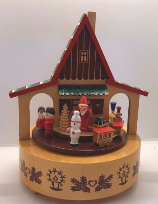 Vintage Reuge Swiss Chalet Rotating Carousel Wood Music Box Plays Silent Night