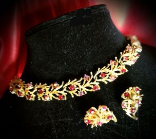 Vintage Estate Lisner Necklace & Earrings Red Ab Stones Set In Goldtone Branches